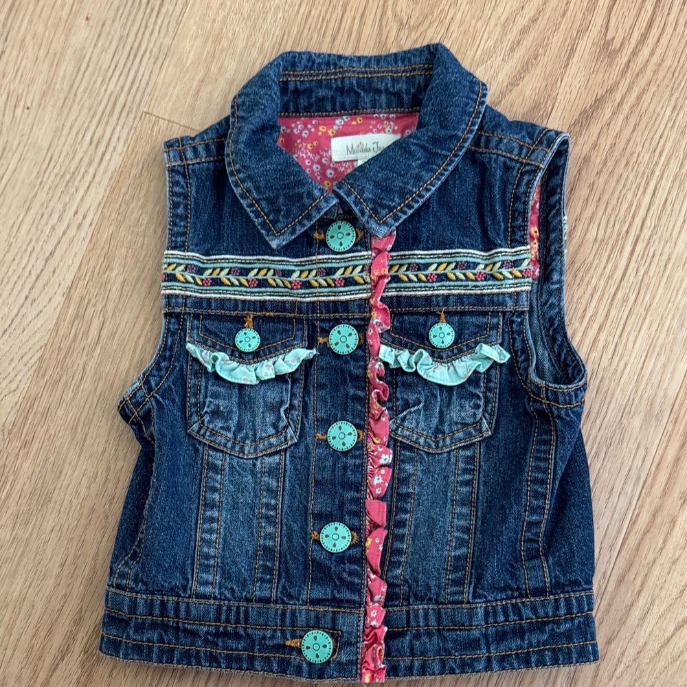 Matilda Jane Dark Blue Denim Vest with Aqua Accents and Pink Trim